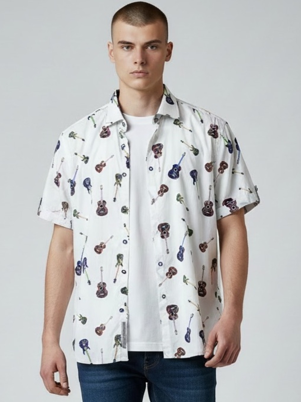 Luchiano Visconti Black Guitar Print Short Sleeve Button Down Mens Size M